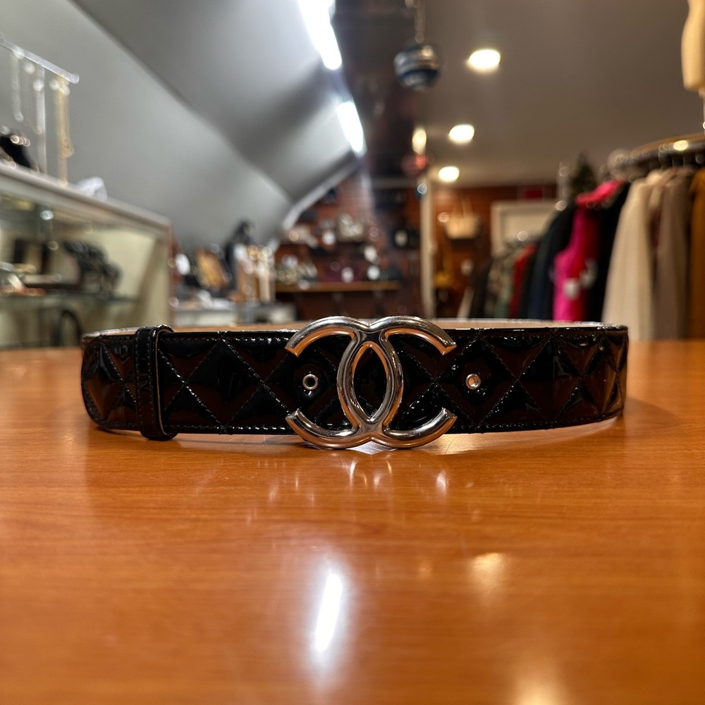 CHANEL Black Patent Belt with Silver Logo Buckle